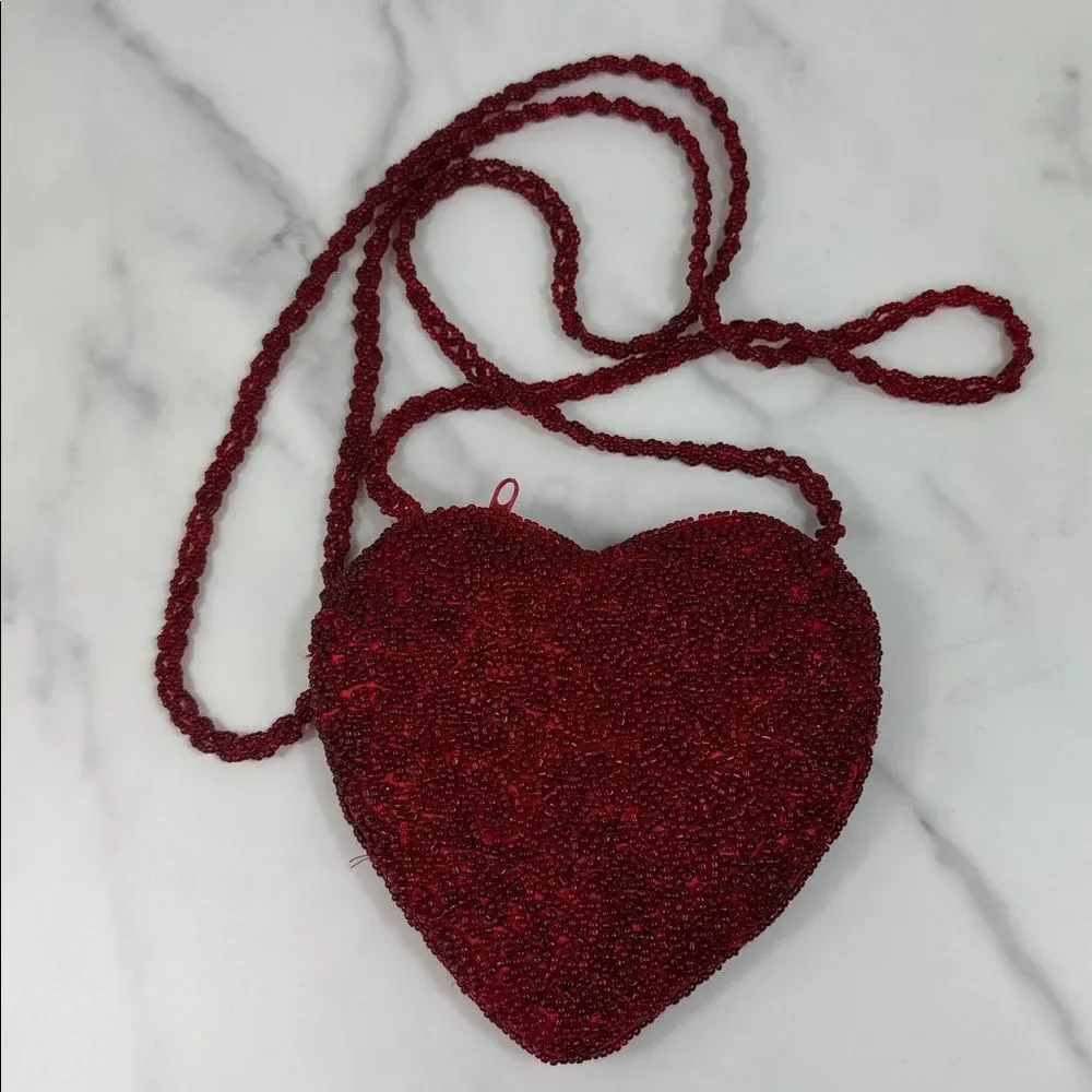 Red Beaded Heart Micro Crossbody Bag Y2K Statement Purse - Picture 3 of 7